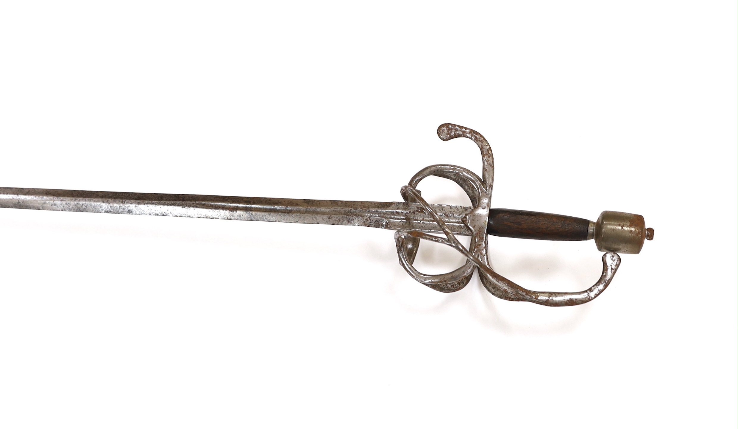 A swept hilt rapier, c.1620, blade fullered at the forte, iron guard of conventional form with later pommel and wooden grip, blade 113cm